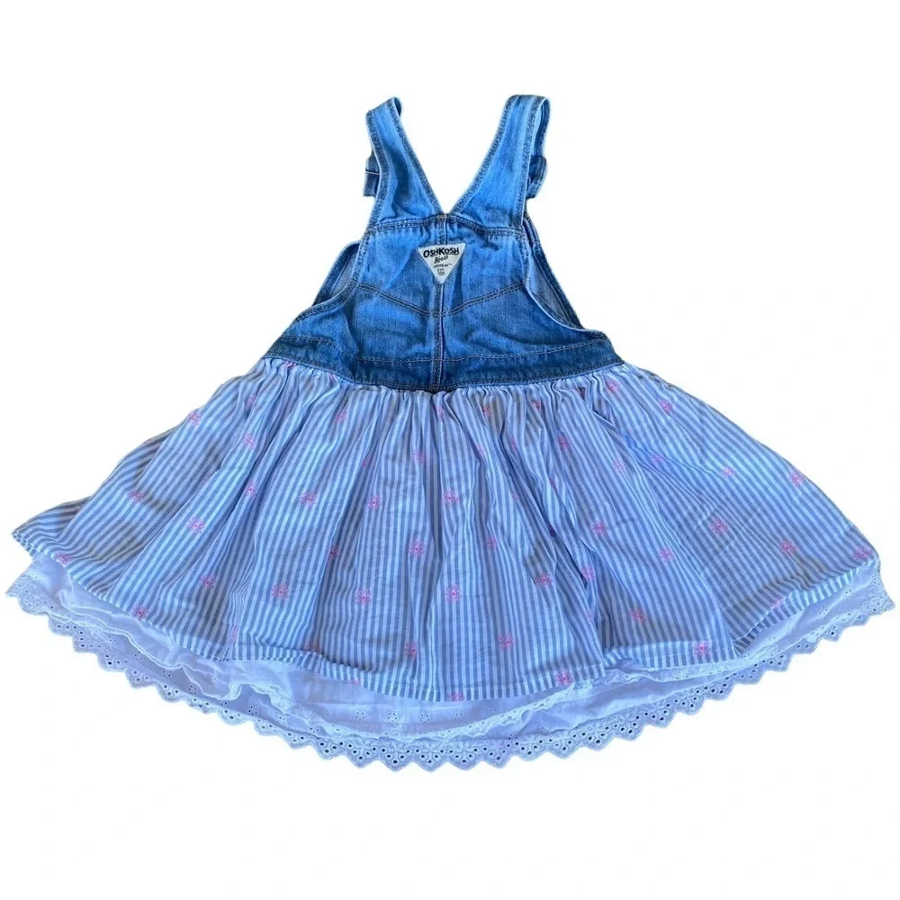 OshKosh B’Gosh Striped Denim Overall Jumper 5T Eyelet Lace Pink Flowers GUC